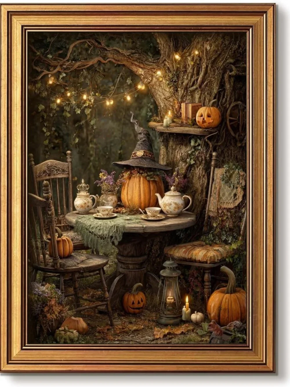 Vintage Gold Framed Halloween Wall Art | Spooky Pumpkin Prints 16x24